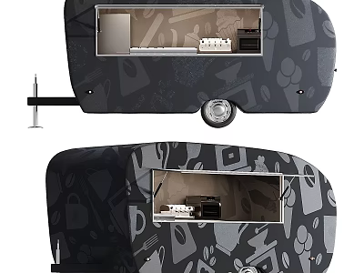 Patterned Mobile Trailer Interior Design With Kitchen Appliances And Cabinets 3d model