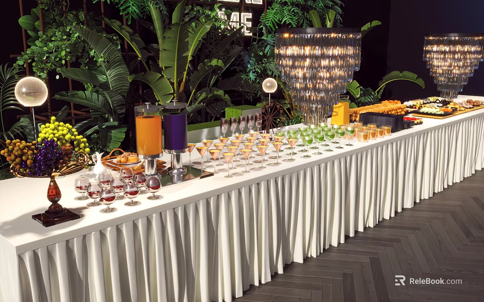Elegant Buffet Table With Assorted Food Drinks Fresh Fruits And Green Plants 3d model 