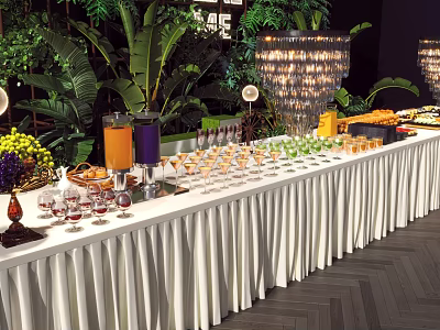 Elegant Buffet Table With Assorted Food Drinks Fresh Fruits And Green Plants 3d model