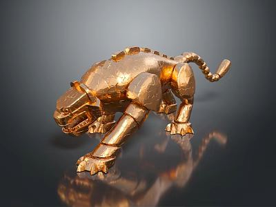 Golden Mechanical Tiger Sculpture With Detailed Structure And Shiny Metallic Surface 3d model