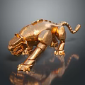 Golden Mechanical Tiger Sculpture With Detailed Structure And Shiny Metallic Surface