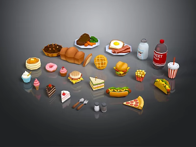 Assorted Foods Collection Featuring Desserts Bread Sandwiches Hot Dogs Pizza And Drinks 3d model