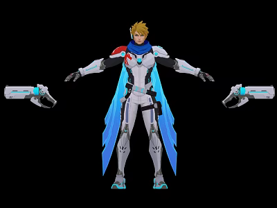 Futuristic Blonde Haired Character In White And Blue Armor With Blue Cape And Arm Cannons 3d model