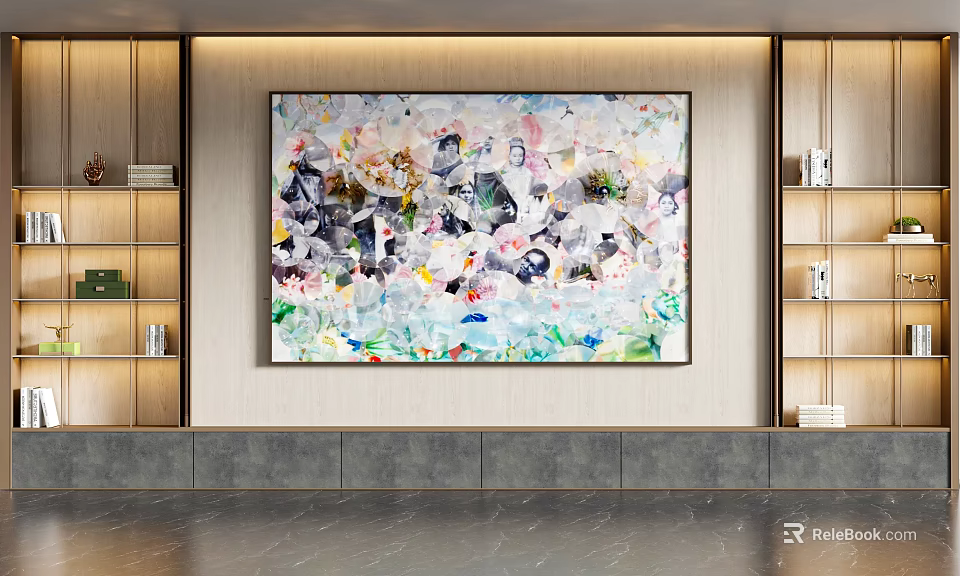 Modern Background Wall With Colorful Abstract Painting Flanked By Wooden Shelves And Gray Marble Floor 3d model 
