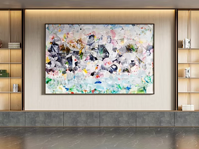 Modern Background Wall With Colorful Abstract Painting Flanked By Wooden Shelves And Gray Marble Floor 3d model