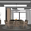Modern Dining Room Interior With Round Table Wooden Chairs Pendant Light And Large Windows
