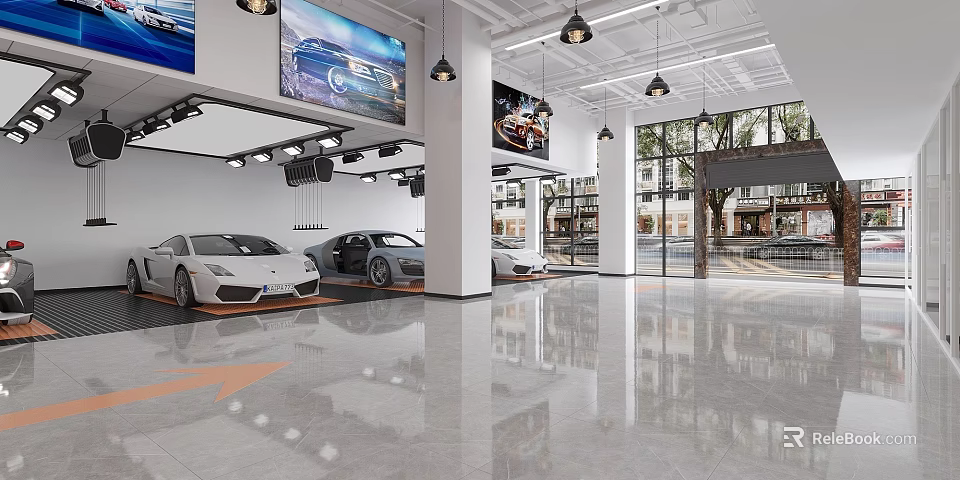 Modern Luxury Car Showroom With Sleek Sports Cars Display Posters Large Windows And Polished Floors 3d model 