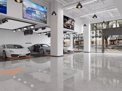Modern Luxury Car Showroom With Sleek Sports Cars Display Posters Large Windows And Polished Floors 3d model