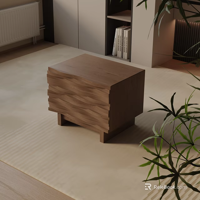 Modern Minimalist Wooden Nightstand With Wavy Front Design And Green Plant In Bedroom Interior 3d model 