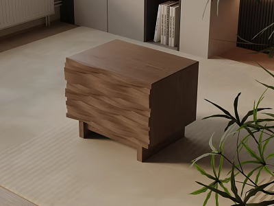 Modern Minimalist Wooden Nightstand With Wavy Front Design And Green Plant In Bedroom Interior 3d model