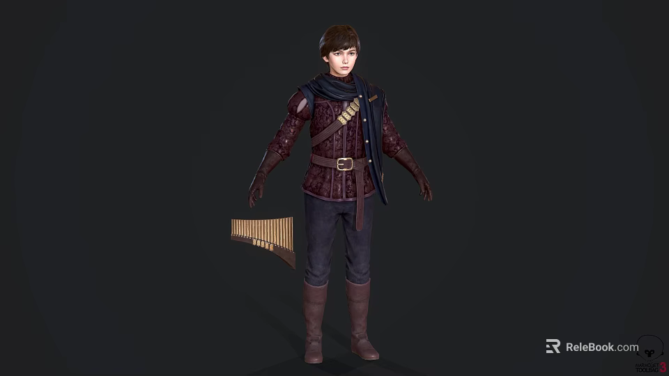 Young Male Game Movie Character With Short Hair Maroon Leather Armor Brown Belt And Longbow 3d model 