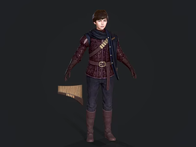 Young Male Game Movie Character With Short Hair Maroon Leather Armor Brown Belt And Longbow 3d model