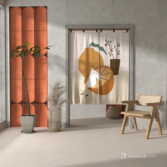 Decorative Curtain With Orange Plant And Bird Patterns For Living Room Decor 3d model 