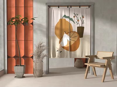 Decorative Curtain With Orange Plant And Bird Patterns For Living Room Decor 3d model