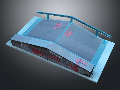 Skateboard Ramp Structure With Blue Railings And Red Graffiti On Gray Surface 3d model