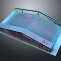 Skateboard Ramp Structure With Blue Railings And Red Graffiti On Gray Surface