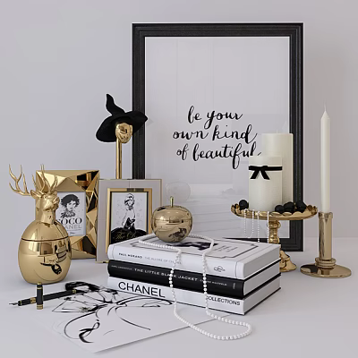Elegant Golden Decorative Accessories Set With Deer Apple Figurines Photo Frames Books And Candle 3d model