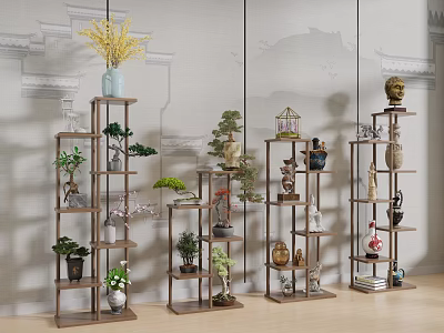 Wooden Multi Tiered Display Shelves With Small Garden Decor Miniature Bonsai And Potted Plants 3d model