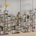 Wooden Multi Tiered Display Shelves With Small Garden Decor Miniature Bonsai And Potted Plants