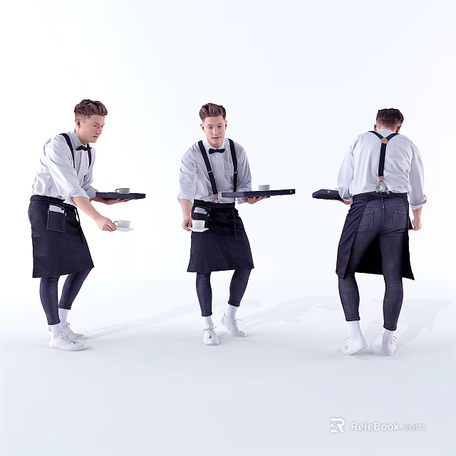 Man Wearing White Shirt Black Apron and Suspenders Holding Tray with Cup from Different Angles 3d model 