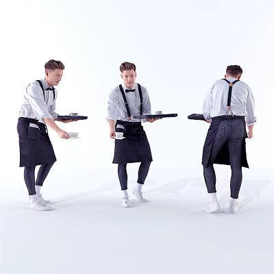 Man Wearing White Shirt Black Apron and Suspenders Holding Tray with Cup from Different Angles 3d model