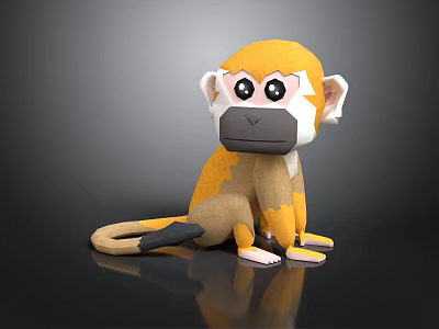 Cute Cartoon 3D Monkey with Big Black Eyes Yellow Brown Fur Sitting on Black Background 3d model