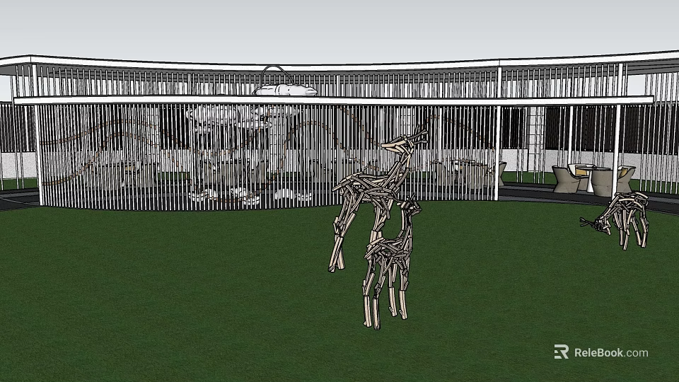 Modern Metal Pergola With Vertical Slats And Deer Sculptures On Green Lawn 3d model 