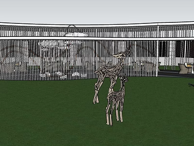 Modern Metal Pergola With Vertical Slats And Deer Sculptures On Green Lawn 3d model