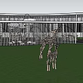 Modern Metal Pergola With Vertical Slats And Deer Sculptures On Green Lawn