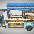 Blue Mobile Food Cart With Blue Canopy And Food Display Shelves For Hungry Customers