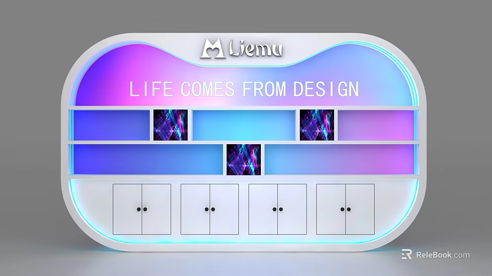 Modern Display Shelf with LED Lighting Purple Blue Accents Brand Logo and Design Slogan 3d model 