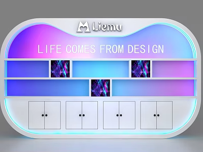 Modern Display Shelf with LED Lighting Purple Blue Accents Brand Logo and Design Slogan 3d model