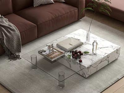 Brown Sofa And Marble Coffee Table Set With Glass Top Books Fruits Plant On Rug 3d model