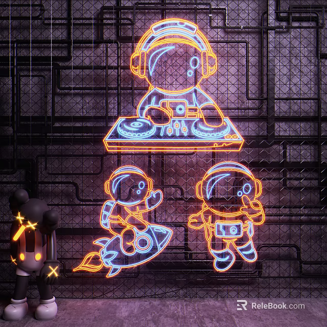 Decorative Neon Lights with Astronaut Rocket and DJ Console Wall Art 3d model