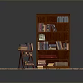 Brown Wooden Bookshelf With Stacked Books Small Stool And Wooden Floor Planks
