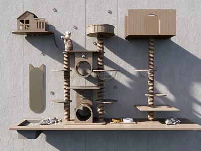 Modern Cat Furniture With Multi Level Platforms Scratching Posts Cat House Mirror And Toys 3d model