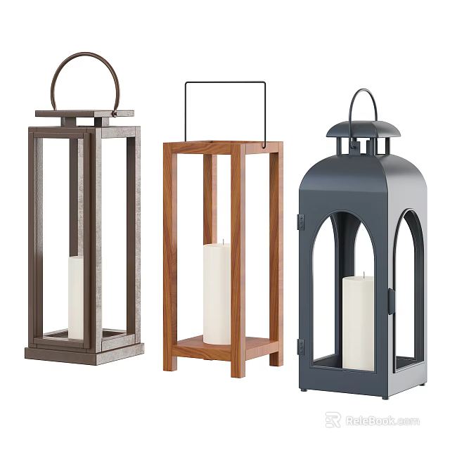 Modern Decorative Candle Lanterns With Wooden And Metal Frames And White Candles 3d model 