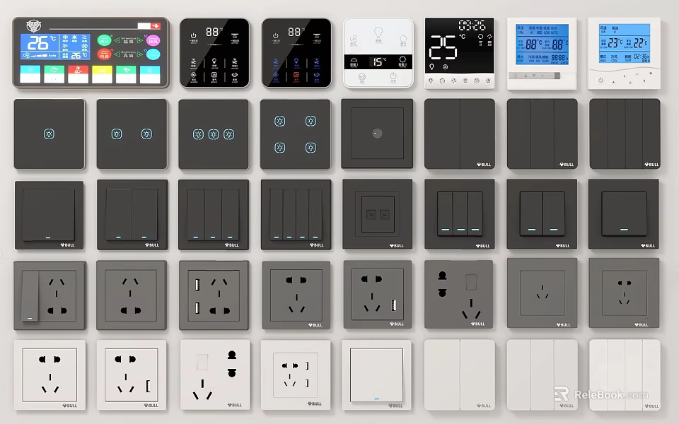Modern Black And White Switch Panels With Various Designs And Smart Display Features 3d model