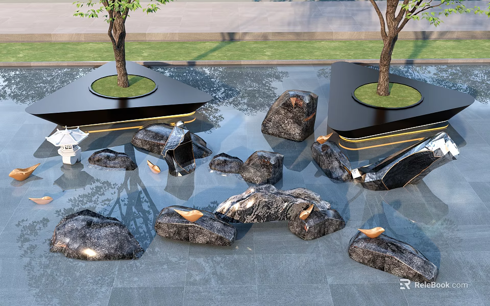 Garden Ornaments Featuring Circular Tree Islands Water Pond Rocks and Lawn on Stone Slabs 3d model 