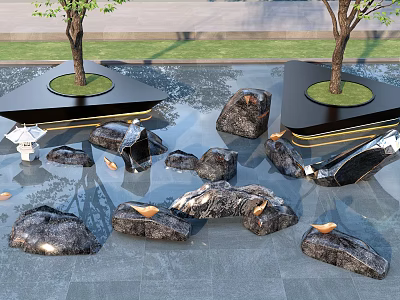 Garden Ornaments Featuring Circular Tree Islands Water Pond Rocks and Lawn on Stone Slabs 3d model