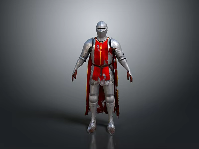 Man In Medieval Silver Armor With Red Cape And Decorative Details 3d model