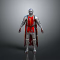 Man In Medieval Silver Armor With Red Cape And Decorative Details