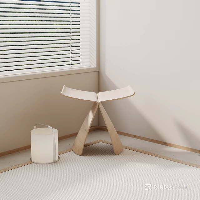 Minimalist Wooden Cross Legged Stool In Light Wall Room With Window Blinds 3d model 