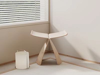 Minimalist Wooden Cross Legged Stool In Light Wall Room With Window Blinds 3d model