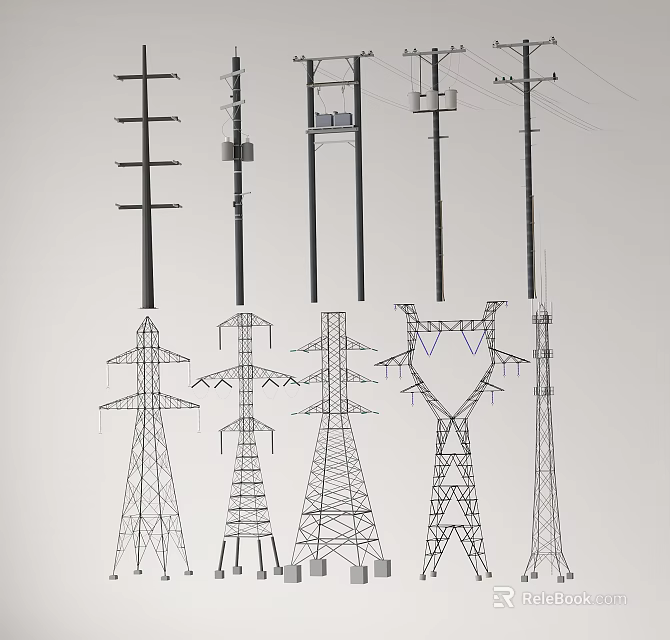Different Types of Electrical Power Poles and Transmission Towers with Wires 3d model 