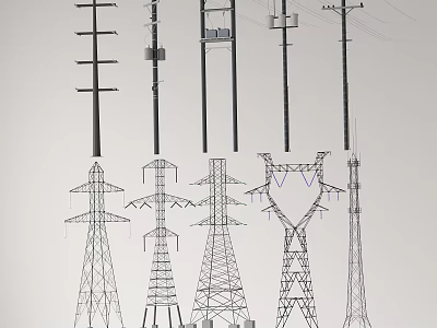 Different Types of Electrical Power Poles and Transmission Towers with Wires 3d model