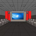 Cinema Interior With Blue And Orange Striped Walls Sofa Seats And Ceiling Lights