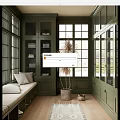 Dark Green Walk-in Closet with Bench Pillows Folded Towels Large Windows and Pampas Grass
