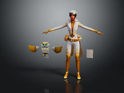 Game Movie Character In White Gold Outfit With Red Hair Hat And Mechanical Bird Companion 3d model