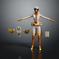 Game Movie Character In White Gold Outfit With Red Hair Hat And Mechanical Bird Companion